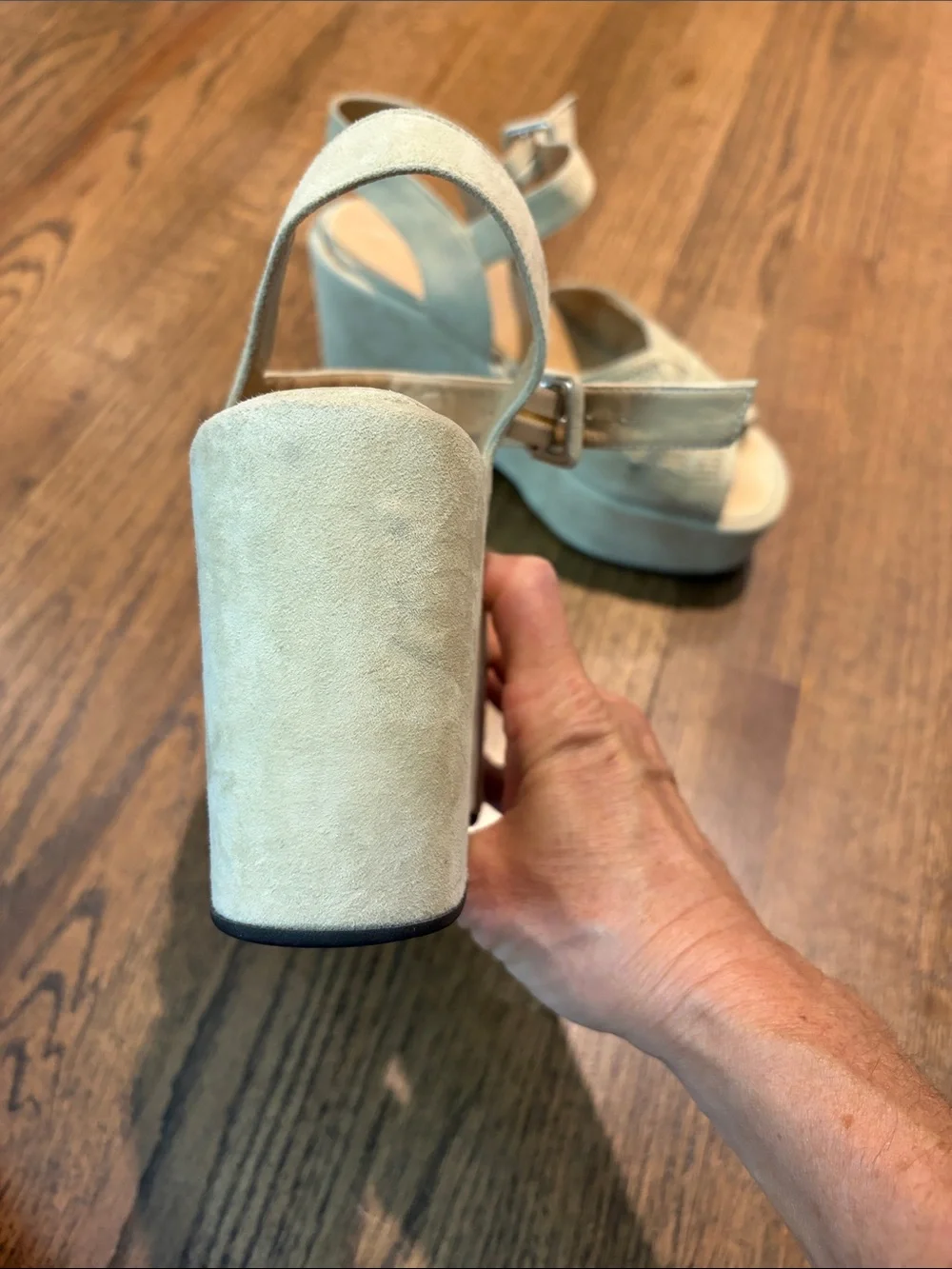 VARDA Size 6 1/2 Suede Laser-Cut Platform Sandals in Light Beige